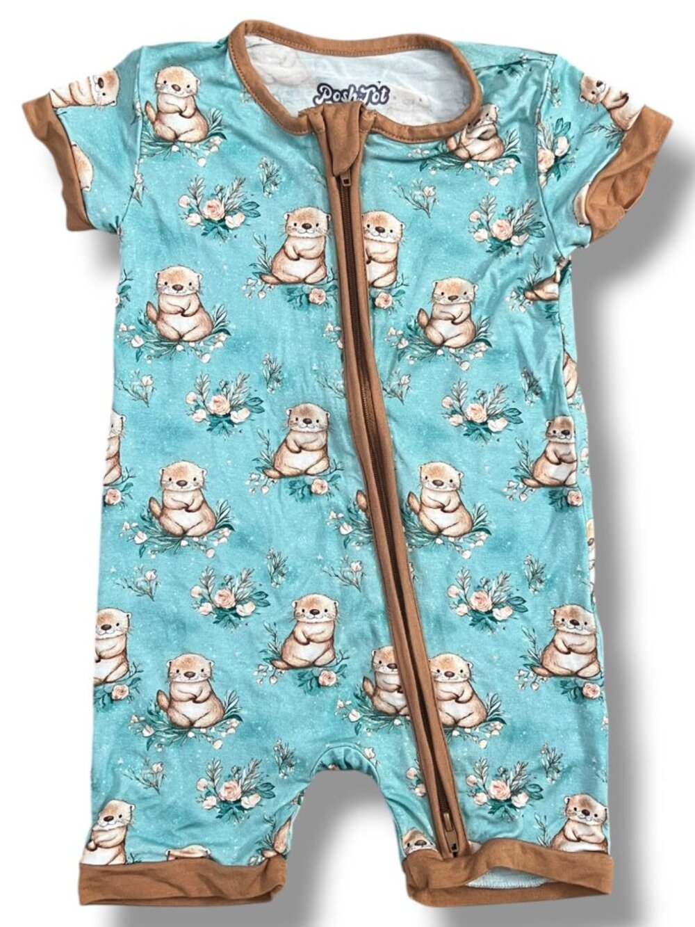Posh Tot Bamboo Sea Otter Summer Shortie Pajama Zipper One-Piece Romper  12-18M